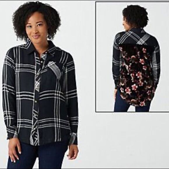 Tolani Tops - Tolani Collection Plaid Top with Printed Velvet Back